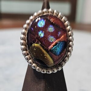 Huge Handmade 925 Silver Ring Dichronic Glass Stone Size 7